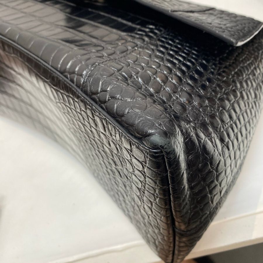 BALENCIAGA巴黎世家DOWNTOWN鳄鱼压纹牛皮全黑soblack大号斜挎包40*14*22-18