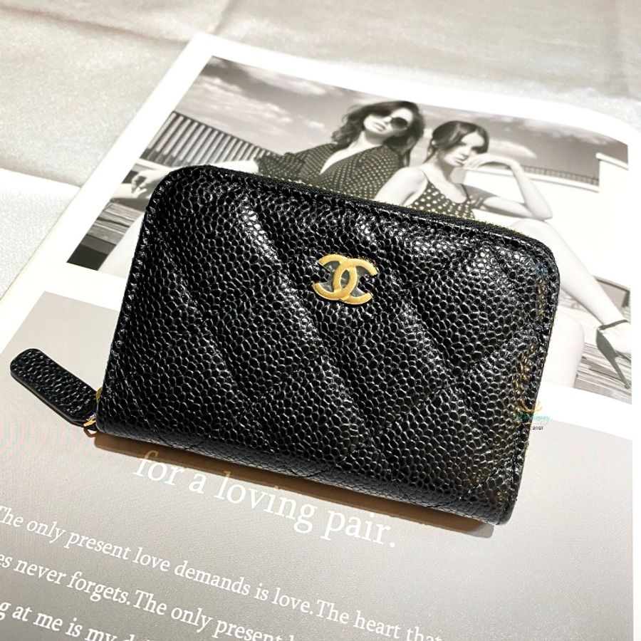 CHANEL 香奈兒 【 全新商品 】AP0216 黑色 荔枝皮 金雙C 菱格紋 ㄇ拉卡包 拉鍊零錢包 卡片夾 卡包-0