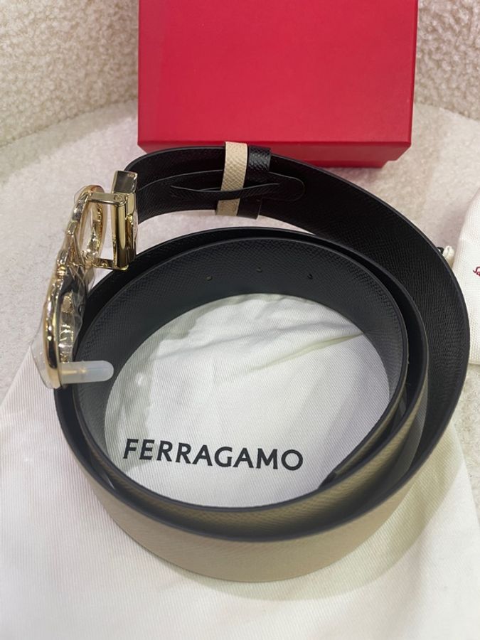 Salvatore Ferragamo菲拉格慕 Gancini系列玫粉拼黑雙色金扣腰帶皮帶-1