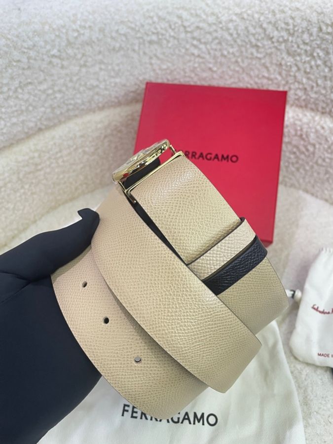 Salvatore Ferragamo菲拉格慕 Gancini系列玫粉拼黑雙色金扣腰帶皮帶-2