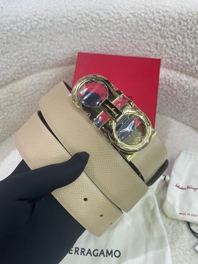 Salvatore Ferragamo菲拉格慕 Gancini系列玫粉拼黑雙色金扣腰帶皮帶-3
