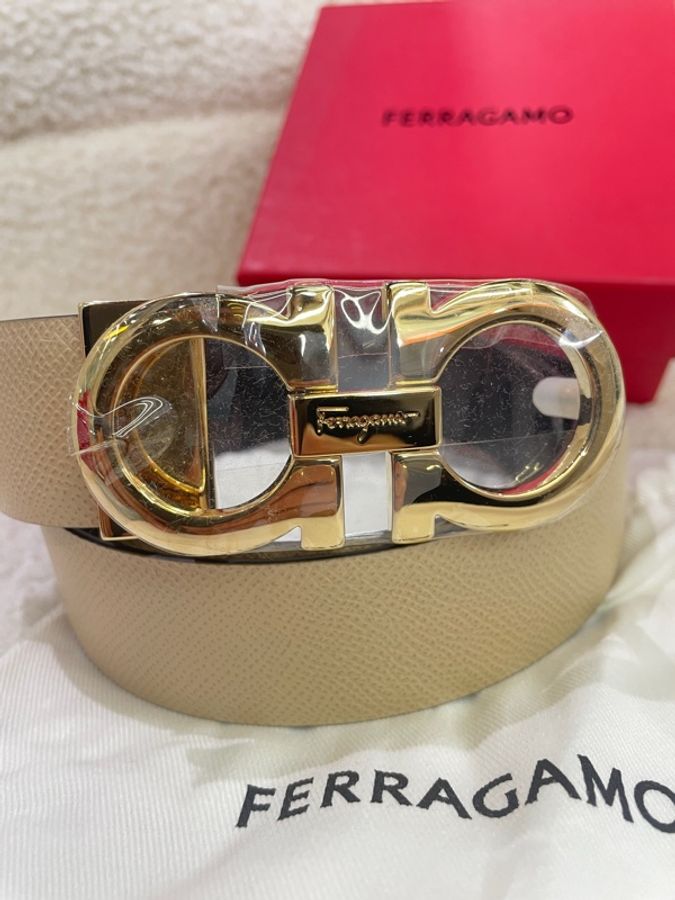 Salvatore Ferragamo菲拉格慕 Gancini系列玫粉拼黑雙色金扣腰帶皮帶-4
