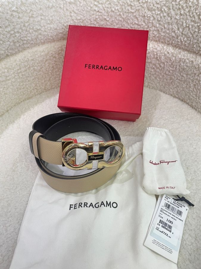 Salvatore Ferragamo菲拉格慕 Gancini系列玫粉拼黑雙色金扣腰帶皮帶-5