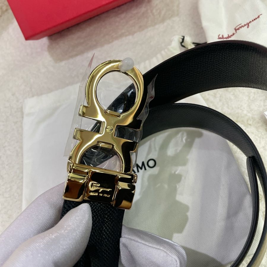 Salvatore Ferragamo菲拉格慕 Gancini系列玫粉拼黑雙色金扣腰帶皮帶-7