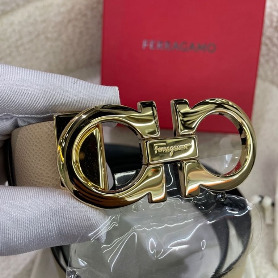 Salvatore Ferragamo菲拉格慕 Gancini系列玫粉拼黑雙色金扣腰帶皮帶-8