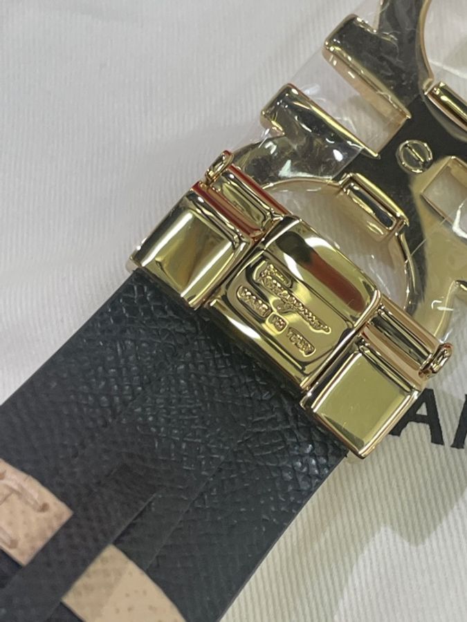 Salvatore Ferragamo菲拉格慕 Gancini系列玫粉拼黑雙色金扣腰帶皮帶-9