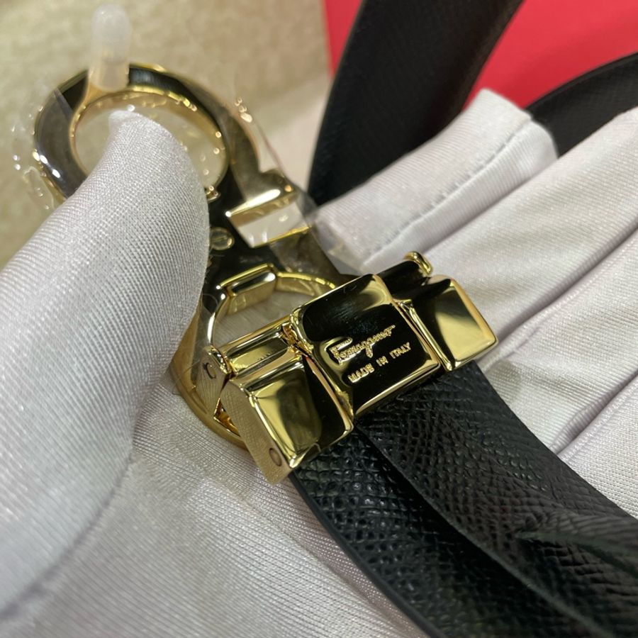 Salvatore Ferragamo菲拉格慕 Gancini系列玫粉拼黑雙色金扣腰帶皮帶-14