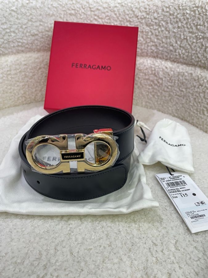 全新Salvatore Ferragamo Gancini系列 菲拉格慕 光滑黑面金扣腰帶皮帶-1