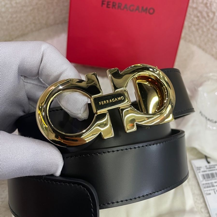 全新Salvatore Ferragamo Gancini系列 菲拉格慕 光滑黑面金扣腰帶皮帶-5