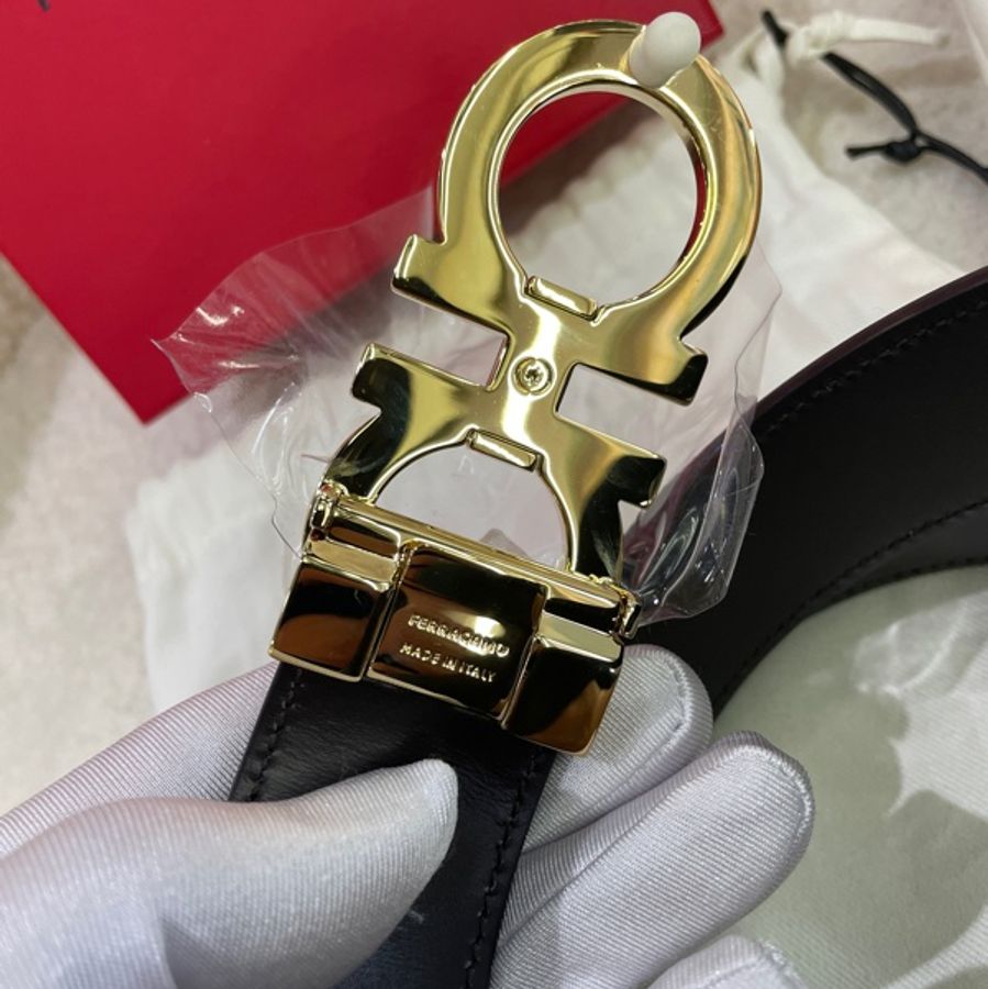 全新Salvatore Ferragamo Gancini系列 菲拉格慕 光滑黑面金扣腰帶皮帶-6