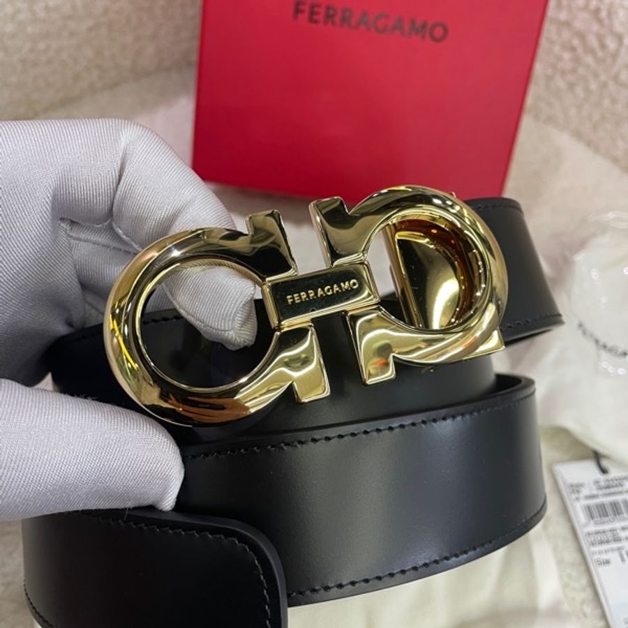 全新Salvatore Ferragamo Gancini系列 菲拉格慕 光滑黑面金扣腰帶皮帶-7