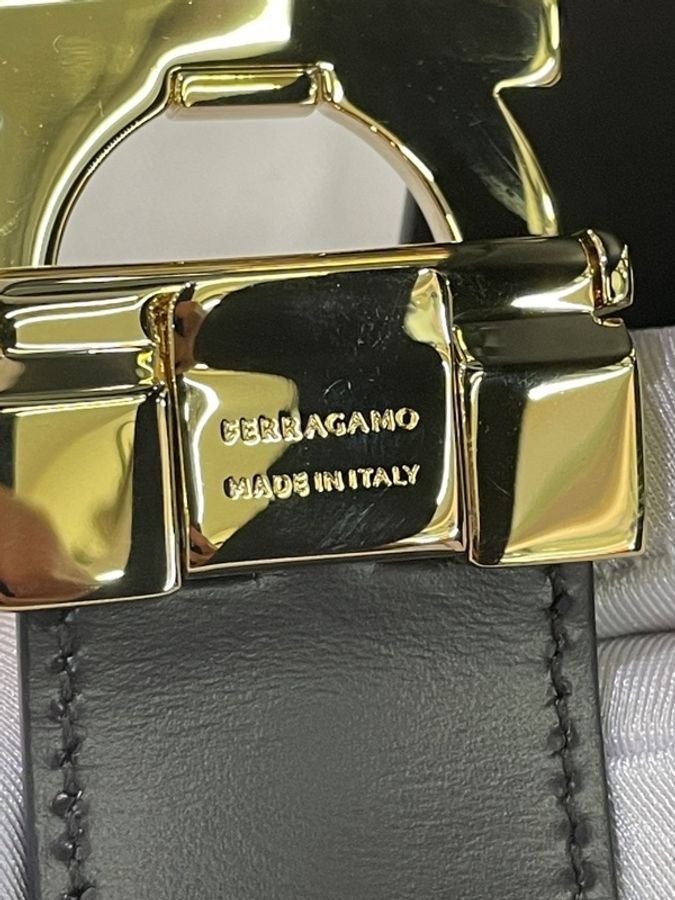 全新Salvatore Ferragamo Gancini系列 菲拉格慕 光滑黑面金扣腰帶皮帶-8