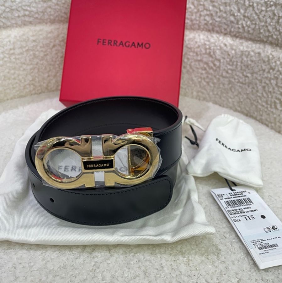 全新Salvatore Ferragamo Gancini系列 菲拉格慕 光滑黑面金扣腰帶皮帶-10