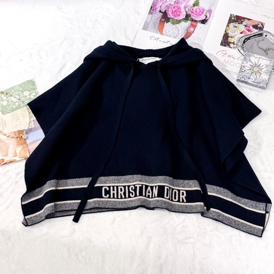 Christian Dior 藏青連帽山羊絨斗篷披肩 Size M-0
