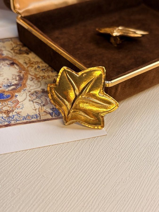 Celine 復古金色立體雕刻葉片耳夾 耳環 鍍金 中古思琳-7