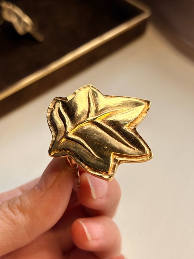 Celine 復古金色立體雕刻葉片耳夾 耳環 鍍金 中古思琳-13