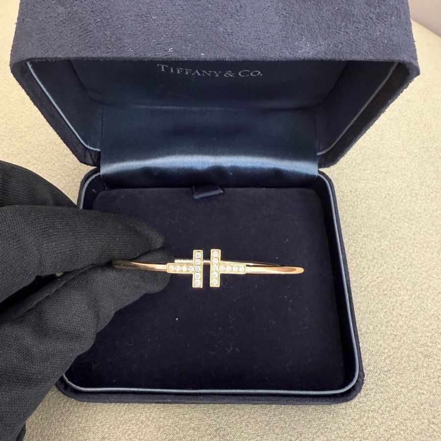 Tiffany 蒂芙尼 雙T滿鑽玫瑰金手鐲 大U刻印 M碼-1