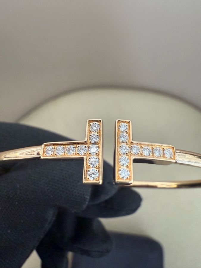 Tiffany 蒂芙尼 雙T滿鑽玫瑰金手鐲 大U刻印 M碼-3