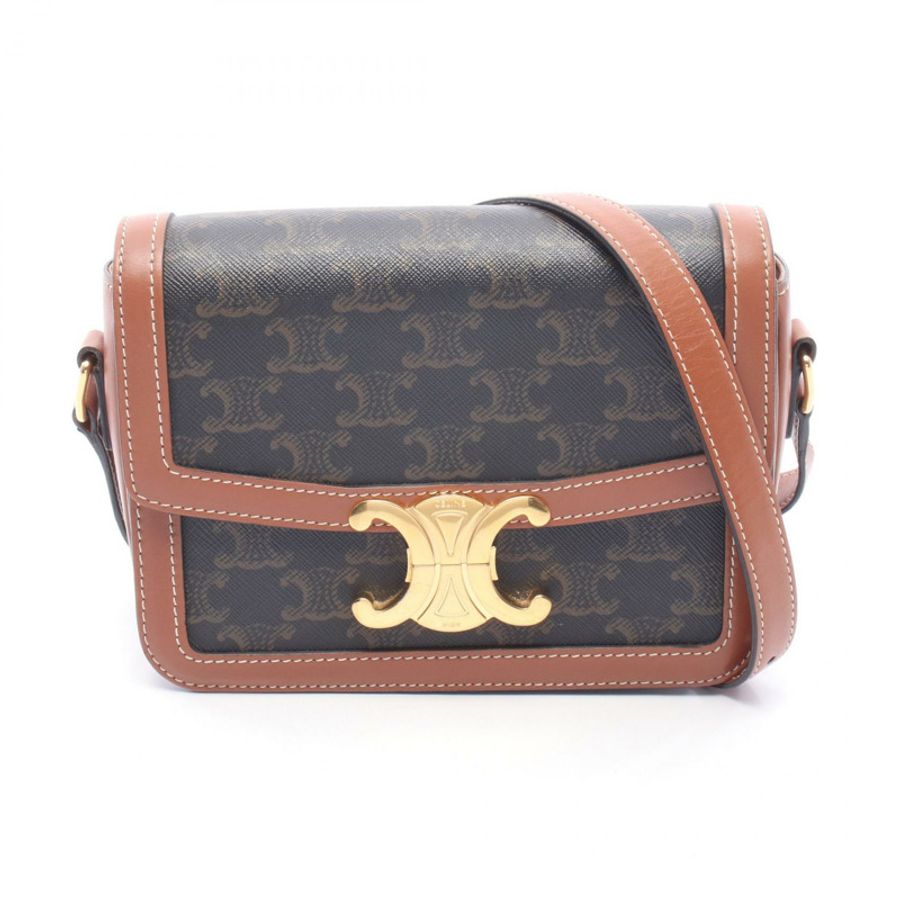 CELINE Teen Triomphe 肩背包 188882BZ4.04LU PVC塗層帆布皮革 黑色 棕色 二手 女士-0