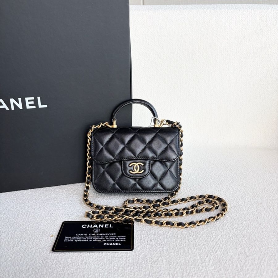 Chanel香奈兒黑金mini手柄小盒子鏈條包 羊皮 尺寸12.5*10*3-0