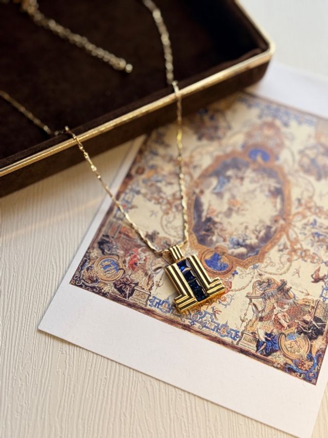 Lanvin 浪梵 復古建築感藍寶石色水晶幾何吊墜項鏈-4