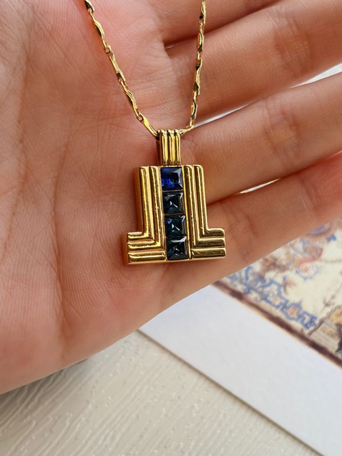 Lanvin 浪梵 復古建築感藍寶石色水晶幾何吊墜項鏈-9