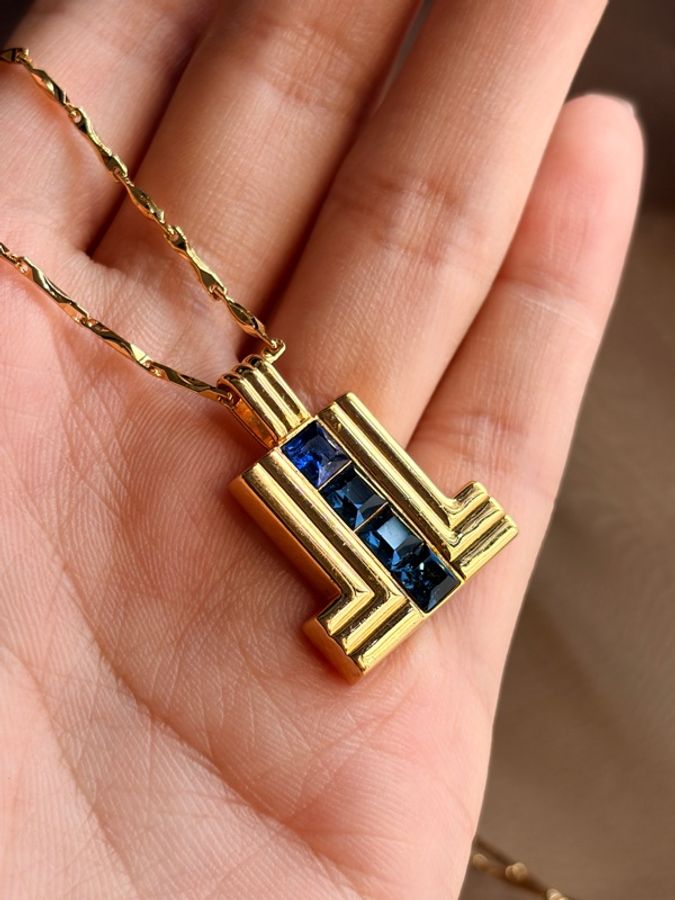 Lanvin 浪梵 復古建築感藍寶石色水晶幾何吊墜項鏈-11