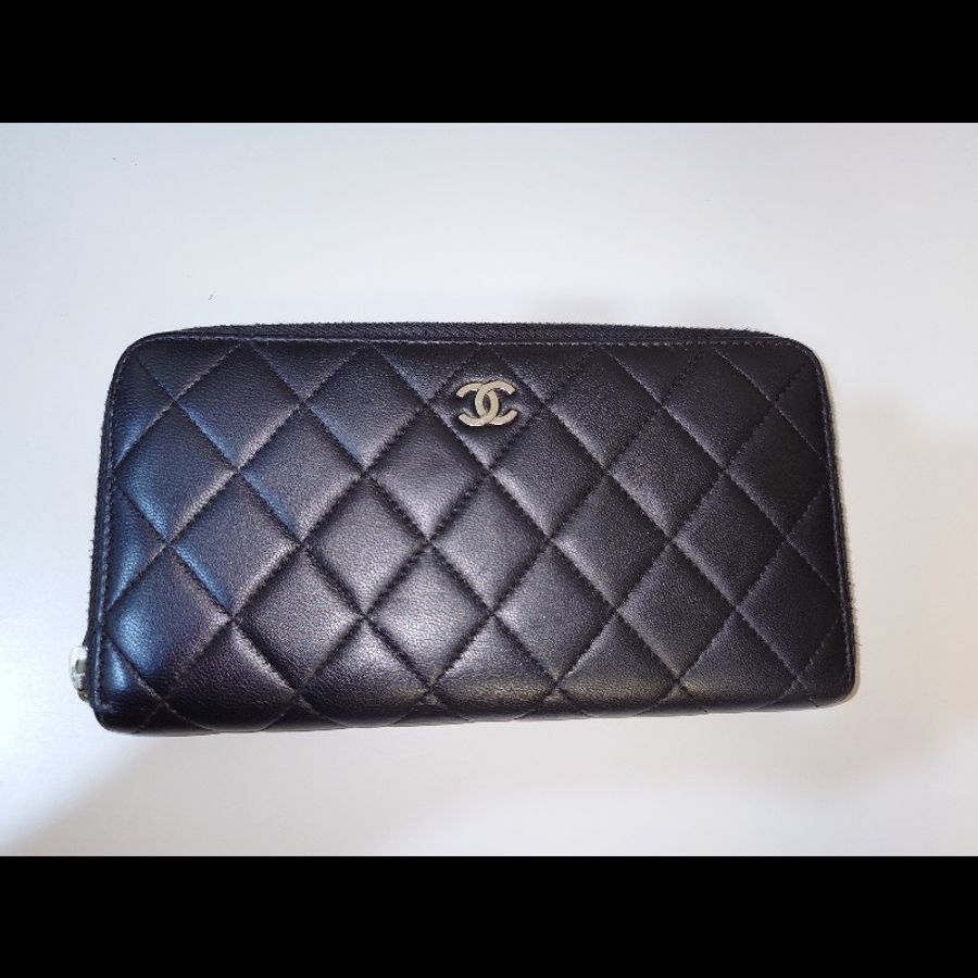 CHANEL 香奈兒黑色菱格紋羊皮經典拉鍊 長夾銀(-7