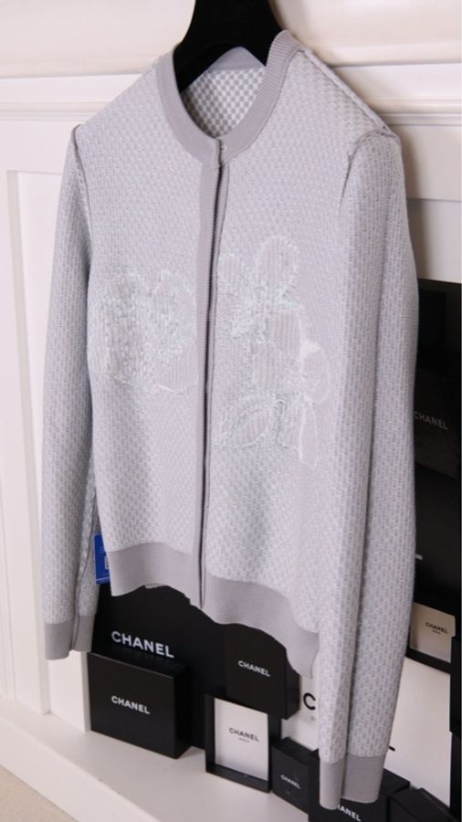 Fendi 灰蓝格纹毛毛花朵针织开衫上衣外套-5
