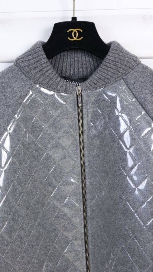Chanel 16年秋冬外套系列灰色羊毛菱格纹拼接PVC拉链夹克棒球服-10