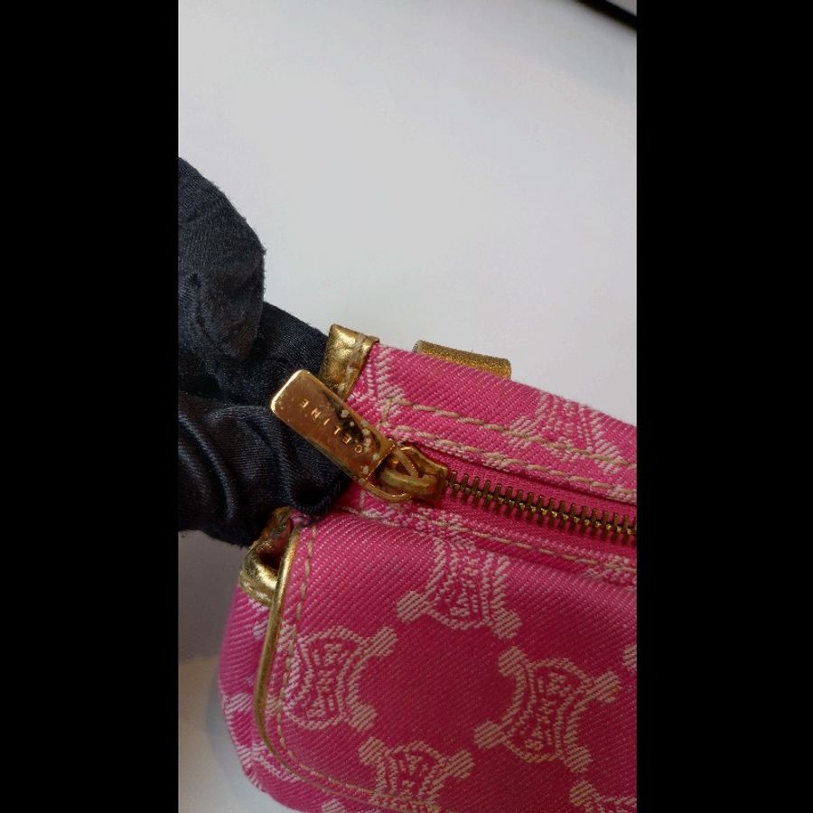Celine 金皮革腰帶粉印花布雙口袋腰包-15