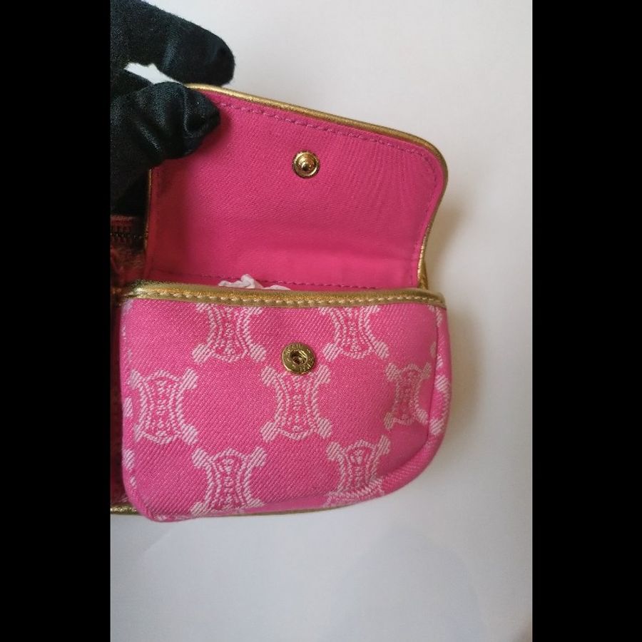 Celine 金皮革腰帶粉印花布雙口袋腰包-19