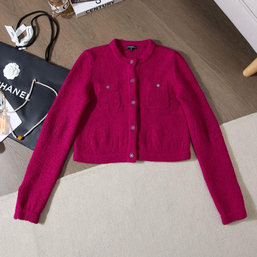 CHANEL 24P早春系列玫紅長袖羊絨混紡外套 Size36-0