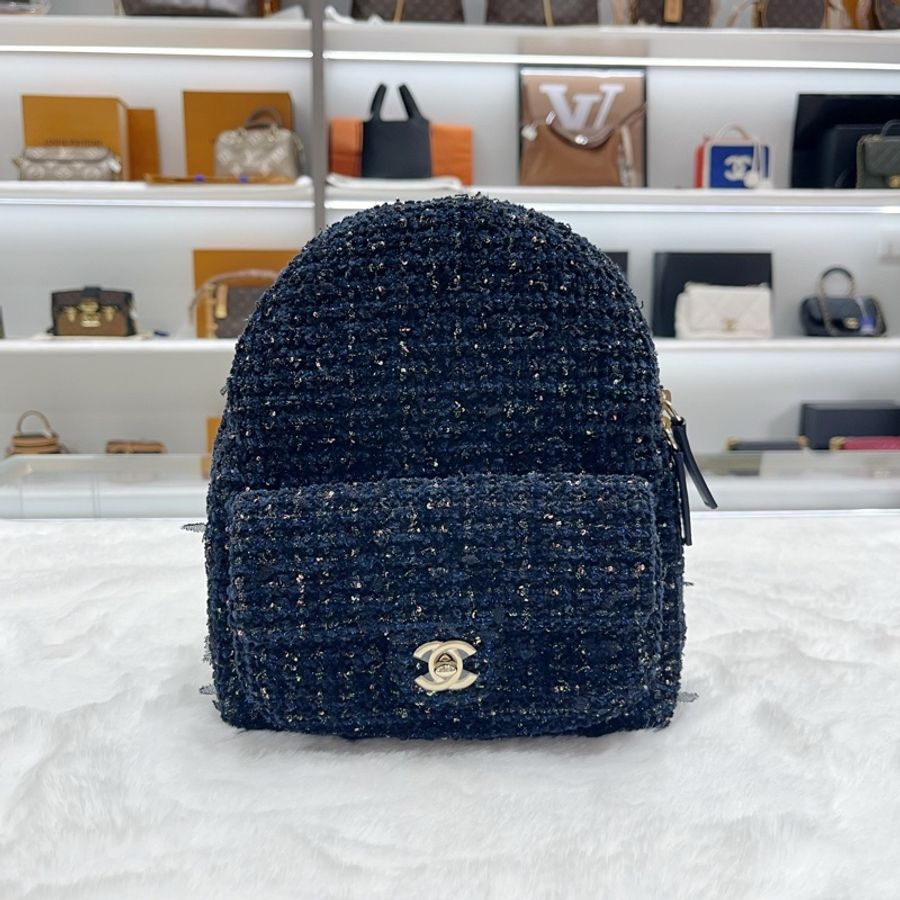 CHANEL 香奈兒 雙肩包 銀色 毛呢亮片-0