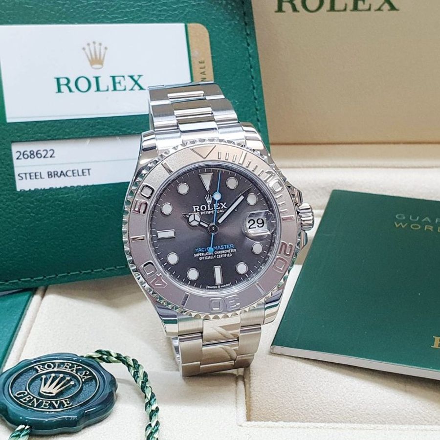 【大眾名錶】ROLEX 勞力士 268622 Yacht-Master 中型遊艇2019/06卡 PT950鉑金錶圈 灰面藍針 錶徑37mm 自動上鍊 B1506-1