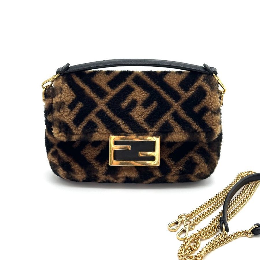 FENDI mini泰迪毛絨法棍 手提肩背斜背包 19*12*5cm 98新配件塵袋-4