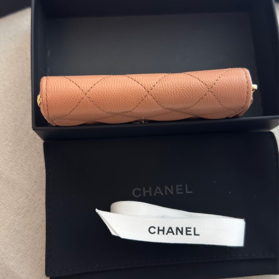 香奈儿CHANEL 淡焦糖米色荔枝纹牛皮水鑽雙C零錢包 小香錢包-5
