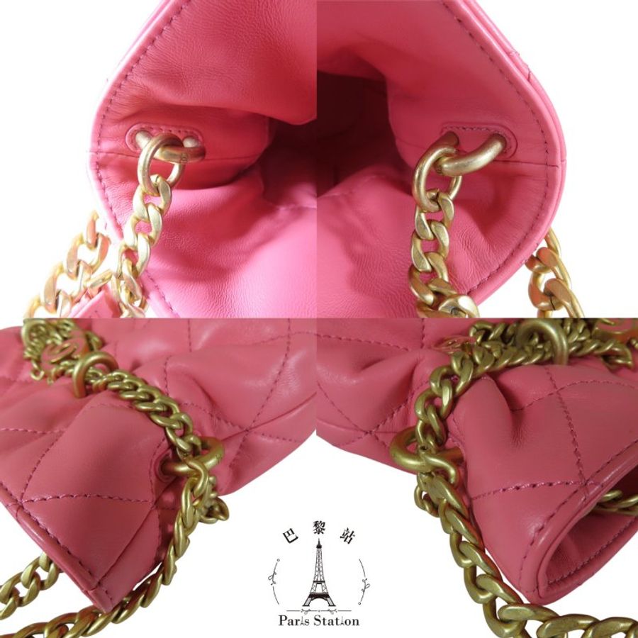 【巴黎站二手名牌專賣店】＊現貨＊CHANEL香奈兒真品＊經典粉色琺瑯雙C釦 小羊皮菱格紋 流蘇金鍊水桶包-5