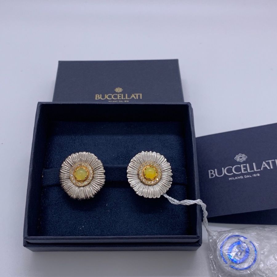 BUCCELLATI布契拉提 BLOSSOMS系列 銀鑲鑽黃瑪瑙雛菊耳釘-7