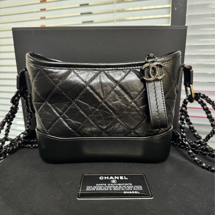 chanel 香奈兒Cheney 小號so black流浪黑金油蠟皮復古菱格鏈條-0