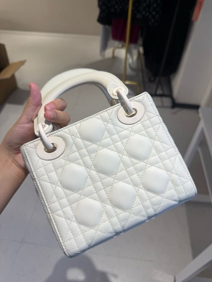 Dior迪奧白色磨砂三格戴妃手提斜挎鏈條-17