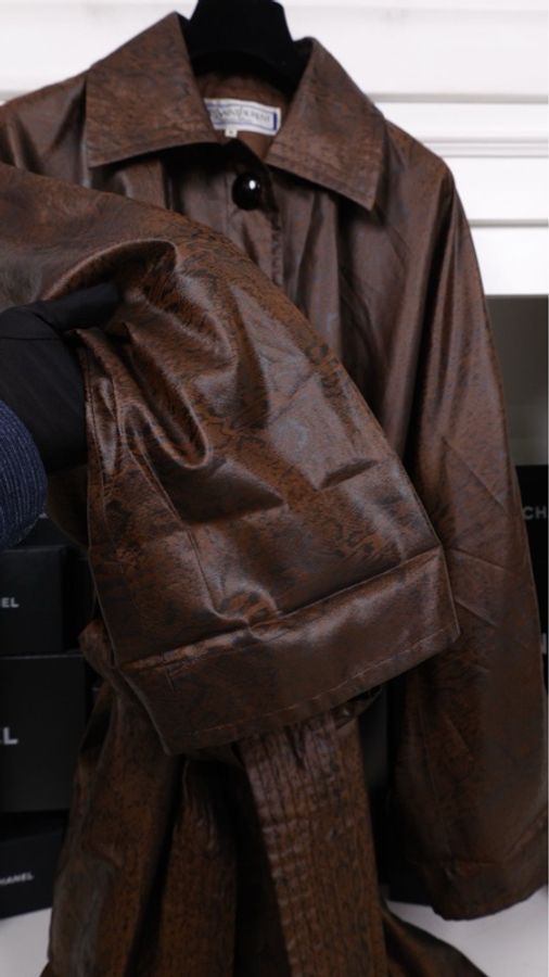 YSL棕色豹纹廓型风衣外套-17
