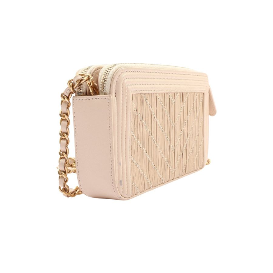 CHANEL 香奈兒 Boy Double Zip Clutch 肩背包 米色 牛皮 金扣 染色 A84069-1