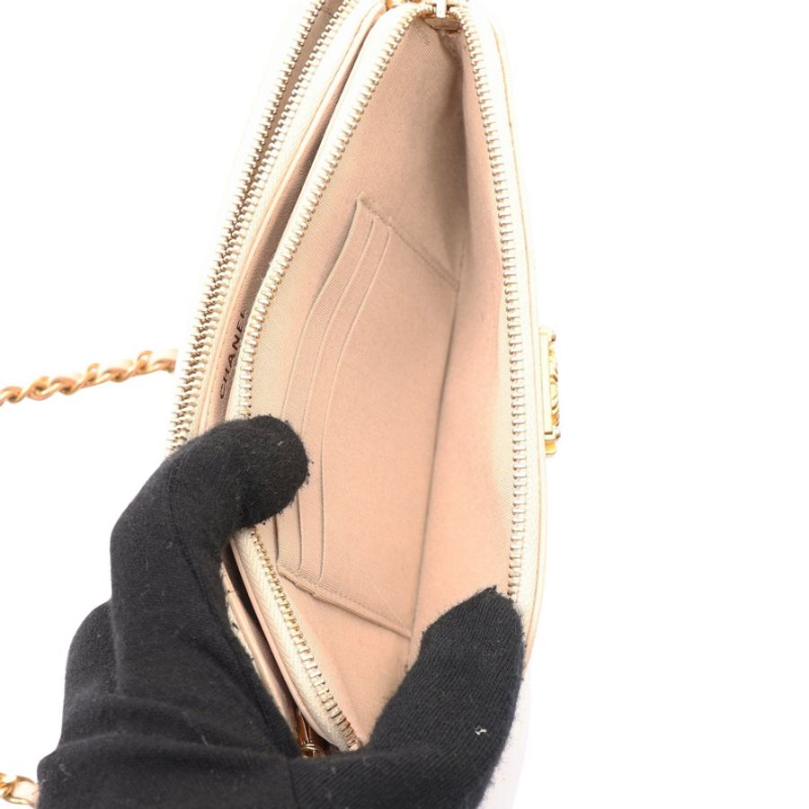 CHANEL 香奈兒 Boy Double Zip Clutch 肩背包 米色 牛皮 金扣 染色 A84069-2