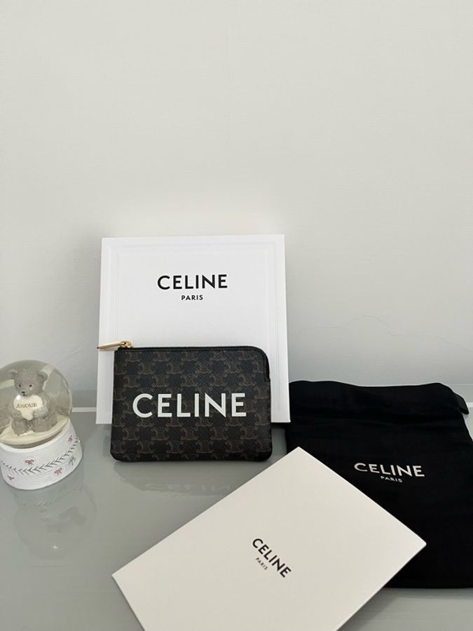 CELINE TRIOMPHE 老花 Logo 拉鍊零錢包|鑰匙包|卡片包|全配|台灣專櫃購入-5