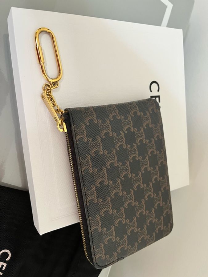 CELINE TRIOMPHE 老花 Logo 拉鍊零錢包|鑰匙包|卡片包|全配|台灣專櫃購入-10
