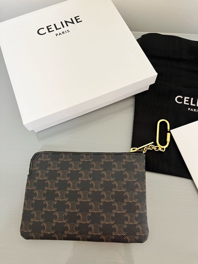 CELINE TRIOMPHE 老花 Logo 拉鍊零錢包|鑰匙包|卡片包|全配|台灣專櫃購入-24