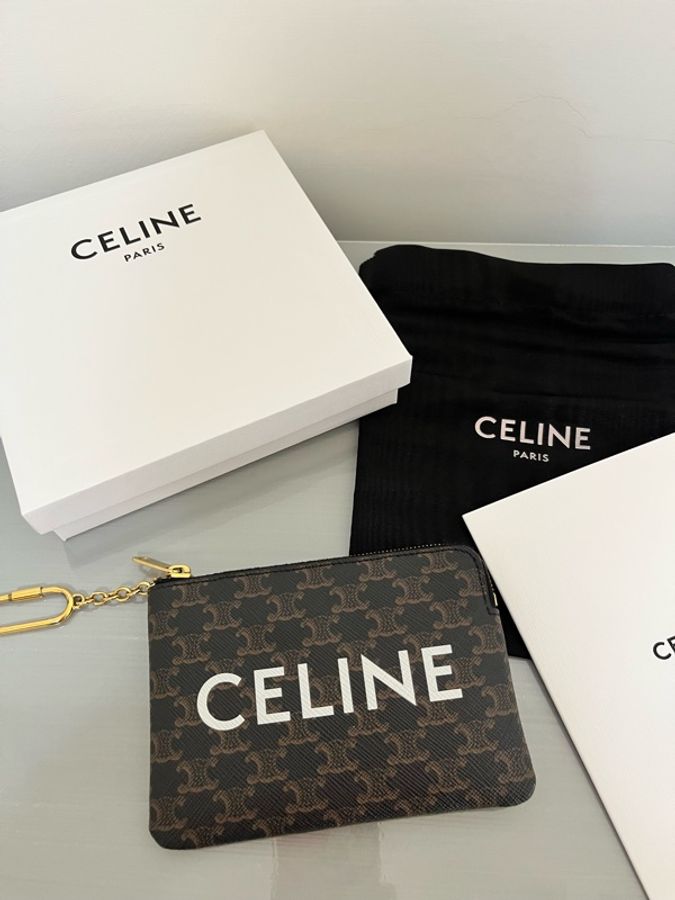 CELINE TRIOMPHE 老花 Logo 拉鍊零錢包|鑰匙包|卡片包|全配|台灣專櫃購入-31