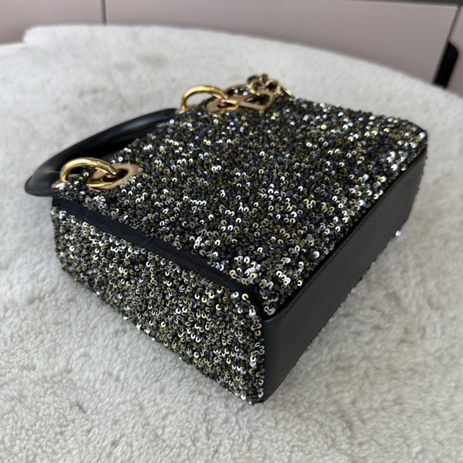 Dior迪奧亮片金扣三格戴妃包 重工限量款 千金包  少肩带-5