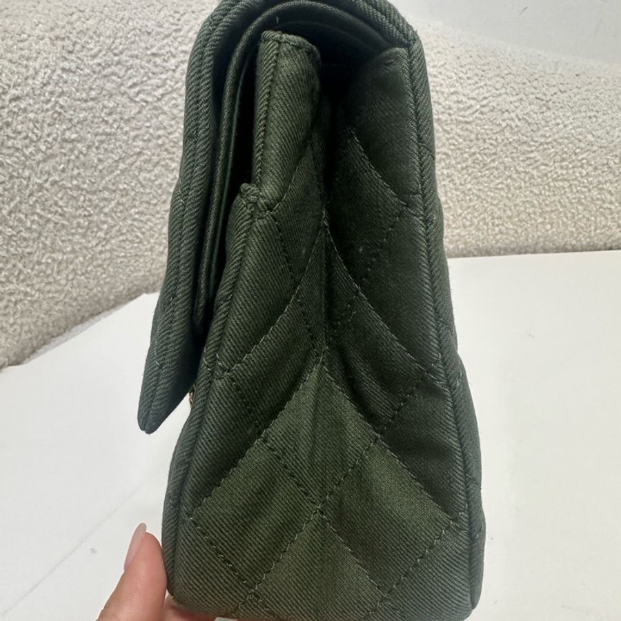 Chanel/香奈兒 軍綠色布面菱格2.55中號鏈條包 單肩斜挎包-7